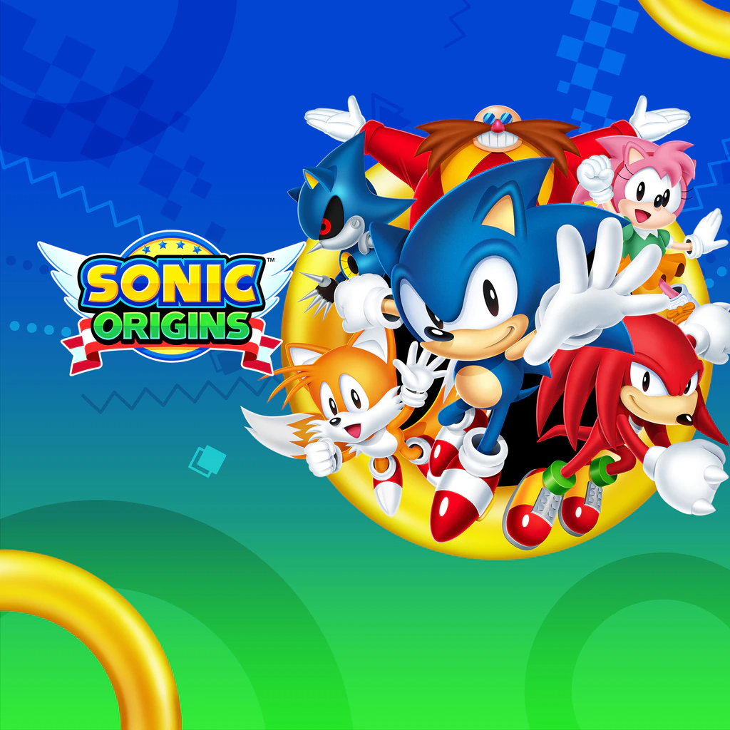 Sonic Origins Art, featuring a version of the game's logo and new art of Sonic, Tails, Knuckles, Amy, Metal Sonic, and Dr. Eggman